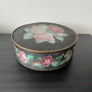 Guildcraft Vintage 1960s Sunshine Biscuit Tin // Faux Needlework Rose Floral